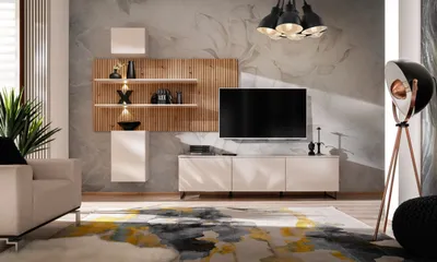 A modern living room with a wall-mounted entertainment unit, TV, sofa, and a decorative rug.