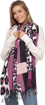 Produktbild von Glamexx24 Damen XXL Schal Kuscheliger warmer Leoparden Muster 3 farbiger Fransen Poncho Schal Oversized Deckenschal Rosa-Pink-Rot