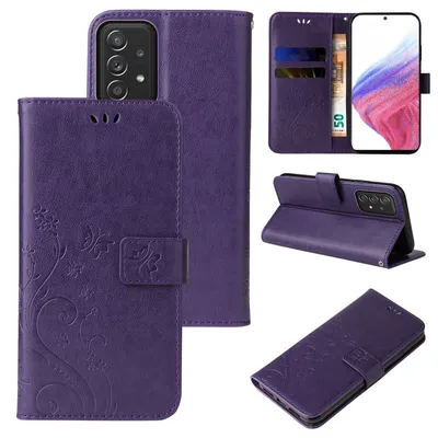 Produktbild von Handyhülle für Samsung Galaxy A53 5G Floral Blumen Schmetterling Flip Cover Hülle Case Klapphülle Handytasche Farbe: Violett