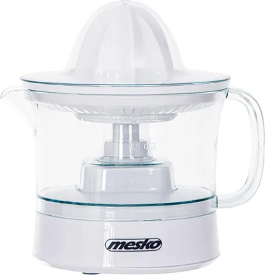 A white electric citrus juicer is shown from the front.
