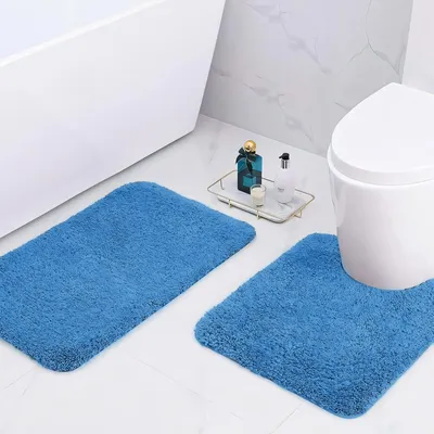 Image de Tapis de bain en microfibre, extra épais (2 cm), ultra-absorbant, 50 x 80 cm et 50 x 50 cm, en forme de U, bleu