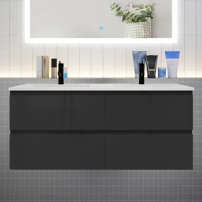 Produktbild von Badmöbel Set HUTI-Serie 120cm Keramik Waschbecken mit Unterschrank Badezimmermöbel mit 2 Schubladen Hochglanz Schwarz Hängeschrank