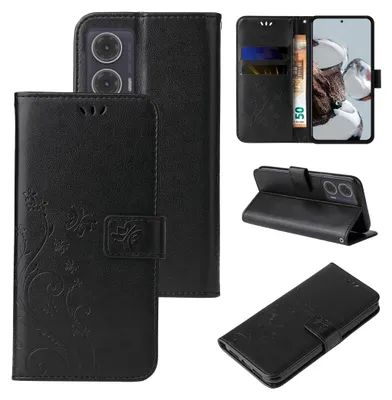 A collage of images showing a black flip phone case with a floral and butterfly design.