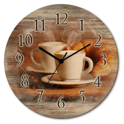 Produktbild von ARTland Holz Wanduhr Funkuhr - schwarzer Zeiger Dampfender Cappuccino und Croissant Größe: 30x30 cm