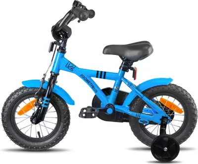 Produktbild von PROMETHEUS Kinderfahrrad 12 Zoll Jungen und Mädchen in Blau & Schwarz mit Stützräder | Aluminium Seitenzugbremse und Rücktrittbremse | inkl. Sicherheitspaket | ab 3 Jahre | 12“ BMX Edition 2018