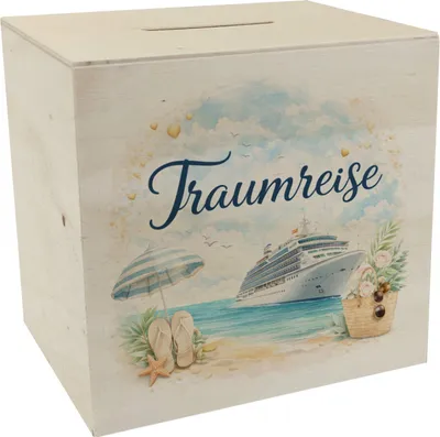 Produktbild von Kreuzfahrtschiff Traumreise Spardose aus Holz für Urlaubsträume