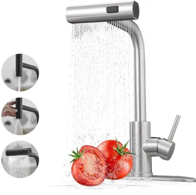 Zdjęcie produktu dla Ibenzoa® Bateria kuchenna jednouchwytowa z wyciąganą wylewką, obrotowa o 360°, 3 tryby strumienia, wykonana ze stali nierdzewnej (SUS304), z wbudowanym wężem doprowadzającym wodę