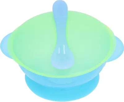 Immagine prodotto di Ciotola per l'autoalimentazione dei bambini, ciotola in silicone per l'alimentazione dei bambini, con coperchio, cucchiaio (verde)