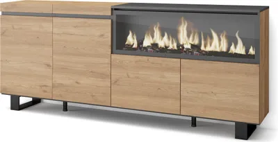 Immagine prodotto di COZY Credenza, Mobile, Cucina, 208x35x87cm, 4 Porte, Camino elettrico XXL, Rovere
