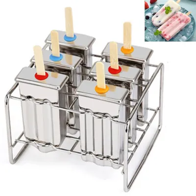 Produktbild von 6-teilige DIY-Eiscremeform aus Edelstahl, Eiswürfelform für zu Hause, Eis am Stiel, Eisform aus Edelstahl, 3 flache, 3 runde Doppelschlitze