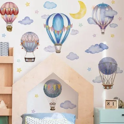Produktbild von Kinderzimmer Wandstickers mit Luftballon, Mond, Sternen und Wolken - Farbenfrohes Kinderzimmer Deko mit Luftballon Motiv.
