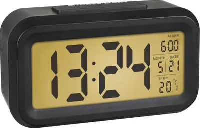 A black digital alarm clock with a gold display showing the time, date, alarm setting, and temperature.