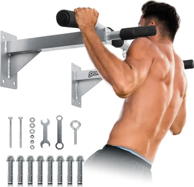 Produktbild von SPORTINATOR Klimmzugstange Wandmontage, Grau, Stahl, 6 Griffe, rutschfest, robust, bis 150 kg. Inkl. Schrauben und Anleitung. Länge 50 cm, Wandabstand 31 cm, Griffabstände 42 cm, 55 cm, 95 cm. STR-10