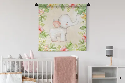 Produktbild von MuchoWow® Wandteppich Wandbehang Dschungel - Blumen - Elefant 90x90 cm Tapisserie Dekoration Wandtuch - Wandaufhänger