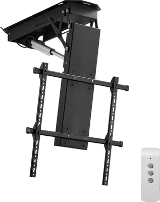 A motorized TV ceiling mount is shown against a white background, with a remote control to the side.