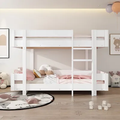Produktbild von okwish Etagenbett 90x200cm mit Treppe, Hochbett mit Rausfallschutz, Kinderbett Jugendbett mit Lattenrost, Massivholzbett Bettgestell, Weiß