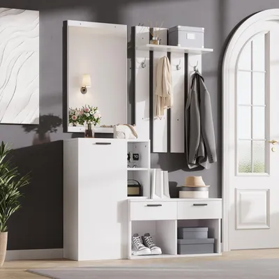Produktbild von Garderobe im Flur,Garderobenständer für den Eingangsbereich, inklusive Schuhschrank, Spiegel und Kleiderhaken, Kompaktgarderobe mit 2 Schubladen