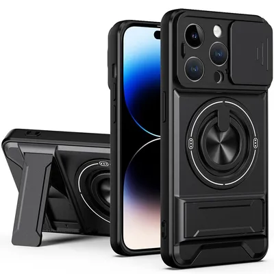Produktbild von Magnetisch Hülle für iPhone 14 Pro Militär Stoßfest Hülle mit Dia Kameraschutz und Ringhalter Ständer Schwarz