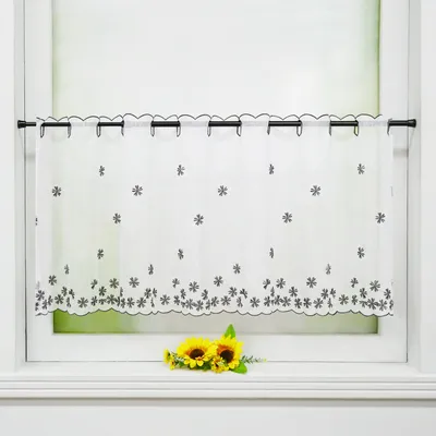 Produktbild von Scheibengardine, Bistrogardinen Vintage, Blumenstickerei Leinenoptik Transparent Bestickt Kurzstore, Stangendurchzug, Grau HxB 45x90 cm