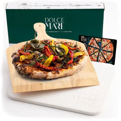 Obrázek produktu pro Kámen na pizzu DOLCE MARE béžový Včetně dřevěné desky na pizzu - Kámen na pizzu z vysoce kvalitního kordieritu pro troubu a gril