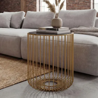 Produktbild von WOHNLING Beistelltisch Glas Metall 40cm Gold Rund Anstelltisch Sofatisch Couchtisch Drahtkorb Loungetisch mit Gittergestel Wohnzimmertisch Handmade