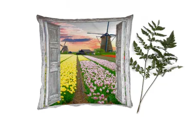 Produktbild von MuchoWow® Zierkissen Sofakissen Wohnzimmer Dekokissen 50x50 cm Aussicht - Tulpen - Mühle - Abend - Komfort - Sofakissen