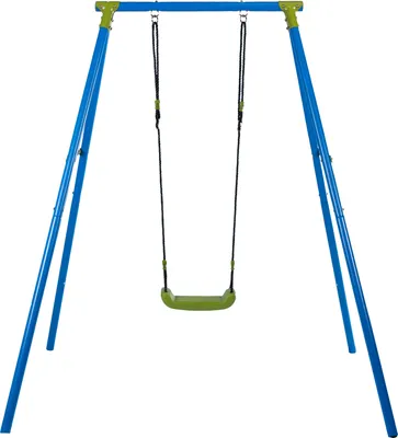 A blue metal swing set with a green swing seat, isolated on a white background.