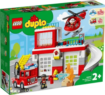 Produktbild von LEGO 10970 DUPLO Feuerwehrwache mit Hubschrauber, Feuerwehr-Spielzeug aus Bausteinen für Kleinkinder ab 2 Jahre, mit Feuerwehrauto und 2 Figuren, Geschenk für Mädchen und Jungen