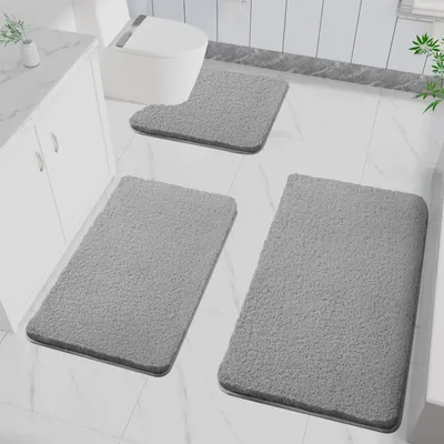 Produktbild von Set mit 3 rutschfesten Badematten, weich, saugfähig, hochflorige Mikrofaser, maschinenwaschbar, geeignet für Badewanne, Dusche und Badezimmer (dunkelgrau)