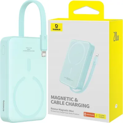 Zdjęcie produktu dla Powerbank Baseus Magnetic Mini MagSafe 10000mAh 20W z wbudowanym kablem Lightning - niebieski + kabel Baseus Simple Series USB-C - USB-C 60W 0.3m