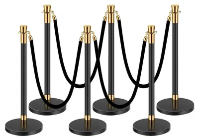 Produktbild von VEVOR Absperrpfosten, 6 Stück Menschenmengen-Kontrollbarriere mit 4 schwarzen Samtseilen, 5 Fuß Edelstahl-Absperrpfosten mit sandgefülltem Hohlfuß für Theater, Party, Hochzeit, Ausstellung, Schwarz, Schwarzer Samt
