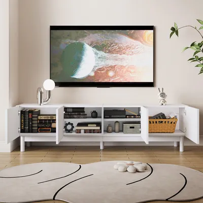 Immagine prodotto di okwish Mobile TV Lowboard, 2 ante con ripiani, mobile TV con gambe in legno massiccio e ripiani, Bianco