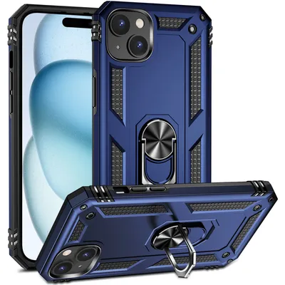 Obrázek produktu pro Pouzdro pro iPhone 15 Plus dvouvrstvé robustní, vojenská ochrana pouzdro s držákem prstenu a stojánkem modré