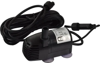 A black submersible water pump with a coiled black power cord and a connector on a white background.