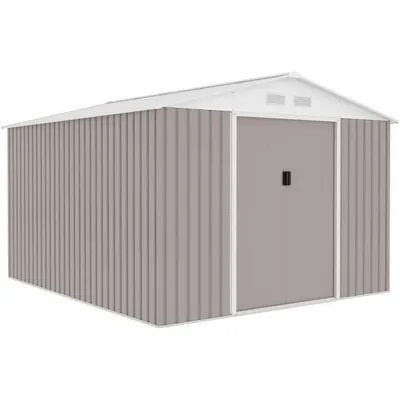 A metal garden shed with double doors and a pitched roof, shown from a three-quarter angle against a white background.