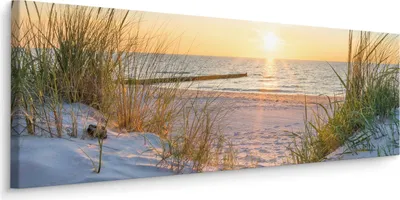 Produktbild von Muralo Panoramabild Canvas Sonnenuntergang am Strand Meer Dünen Landschaft 3D Br. 145 cm x Hö. 45 cm