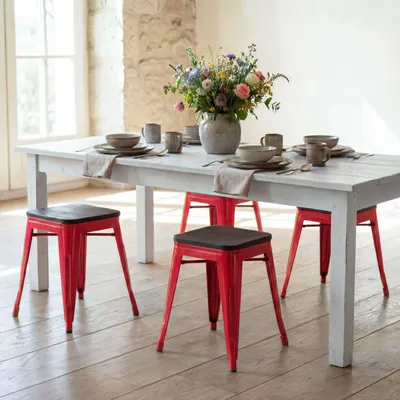 Immagine prodotto di set di 4 sgabelli HWC-A73 incl. sedile in legno, sgabello in metallo, sgabello in metallo dal design industriale impilabile ~ rosso