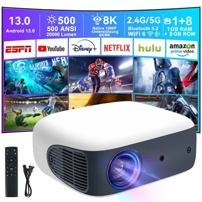Produktbild von L007 Full HD Beamer, 500 ANSI, Auto Keystone, 1080p Projektor, unterstützt 4K/8K Dekodierung, kompatibel mit Netflix, Disney+, Amazon Video