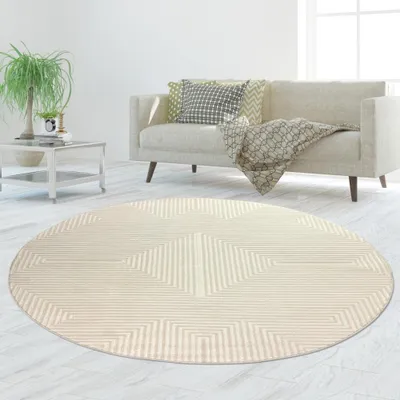 Produktbild von Kurzflorteppich Creme geometrisches Muster Glanzoptik weich pflegeleicht für Wohnzimmer Schlafzimmer Größe - 160 cm Rund