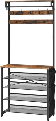 Produktbild von Garderobe mit Schuhregal, Schuhregal mit Garderobe, Kleiderständer mit 5 Ebenen Schuhregal, Garderobe mit Schuhschrank, verstellbares Metallregal, vintage braun
