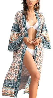 Productafbeelding van LikeJump dames kimono, knielengte, strandjurk, lange zomerjurk, omslagdoek voor bikini