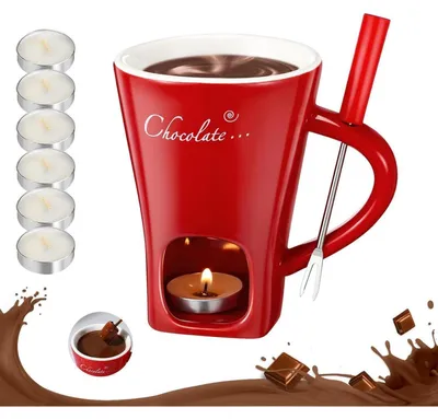 Obrázek produktu pro Sada keramických misek na čokoládové fondue, červená, včetně vidličky a 6 svíček