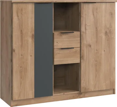 Zdjęcie produktu dla Kombikommode >TEXEL< 2 Türen, 2 Schübe, PLANKENEICHE Dekor + GRAPHIT - 122x105x41cm (BxHxT)