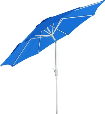 A blue patio umbrella with a white pole and frame, shown against a white background.