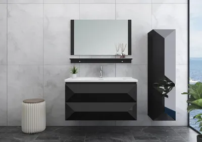 Produktbild von Badmöbel Set 90cm Miran Schwarz Hochglanz Keramik Becken Spiegel Badezimmermöbel
