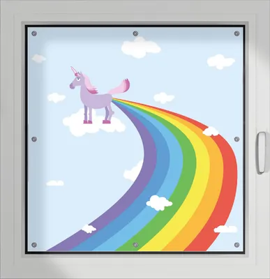 Produktbild von Wallario Lichtschutzbild, Dekorativer Sichtschutz Sonnenschutz 96 x 100 cm mit Motiv: Einhorn mit Regenbogen aus dem Hintern - Verdunklung ohne Bohren