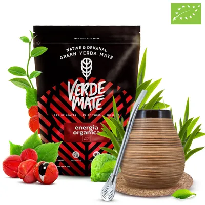 Produktbild von Verde Mate - Mate Tee Bio Set Energia Organica 400g - Yerba Mate Dicke Blätter 5mm - Keramik Becher 350ml, Bombilla - Luftgetrocknet - Brasilien