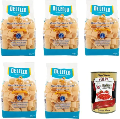 Produktbild von De Cecco Le Specialità Mezzi Paccheri N°225, 100% Italienisch Pasta Nudeln 5x 500g + Italian Gourmet Polpa 400g
