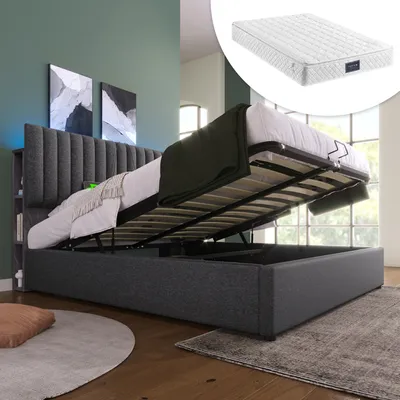 Produktbild von MODFU Polsterbett 140x200 mit Matratze Jugendbett Doppelbett mit LED-Beleuchtung (App-Steuerung) und verstellbarem Kopfteil Bettgestell mit Holzlattenrost,Grau