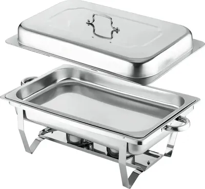 Produktbild von Buffet Speisenwärmer - Chafing Dish - Edelstahl - Rechteckig - Mit Deckel, Wasserwanne, Speisenwanne, Gestell, Brennerhalter - 1 Stück - Silber